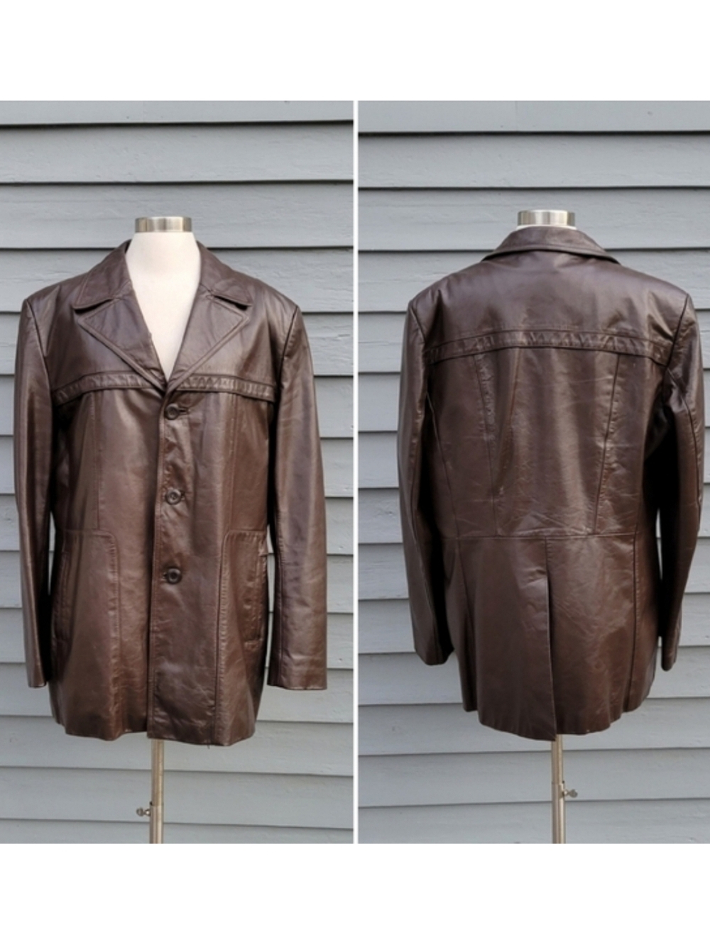 Vintage 70s Western Brown Leather Faux Fur Fleece Insulated‎ Car Coat Jacket Lg